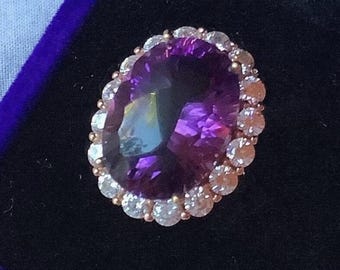 12 Carat Amethyst and Moissanite Halo Ring: 18k Gold Plated Sterling Silver Halo