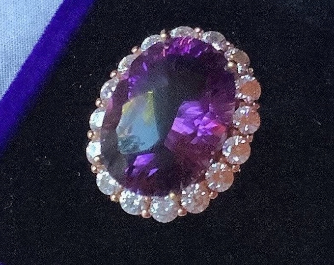 12 Carat Amethyst and Moissanite Halo Ring: 18k Gold Plated Sterling Silver Halo