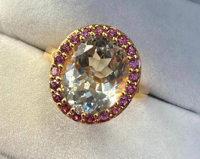 Green Natural Amethyst and Lab Ruby Halo Dinner Ring 925/18k