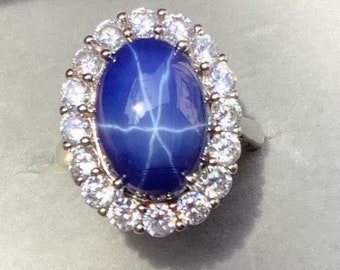 Blue Star Sapphire Halo Ring 10 Carat Oval Unique Engagement Ring