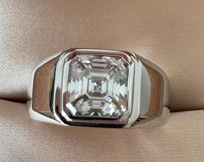 3.0 CTW Asscher Moissanite Ring Signet Men’s Ring 925/18k
