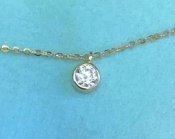 10k Yellow Gold Moissanite Necklace: Dainty Bezel Set Charm, 16" Chain