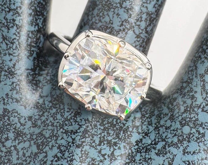 Elongated Cushion cut Moissanite Diamond Engagement Ring: Georgian Cut Down Bezel Set, 925/18k