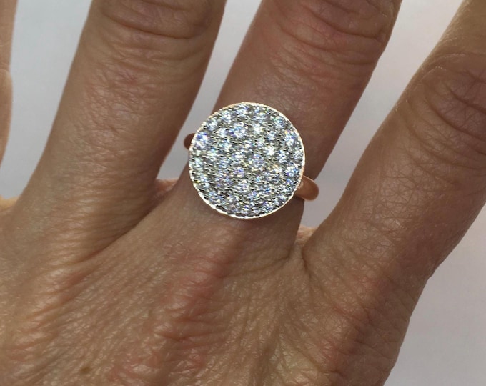 Handcrafted Moissanite Disc Ring, 20mm Pave Dome, 1.3ct, 14k Gold, Sterling Silver, Platinum