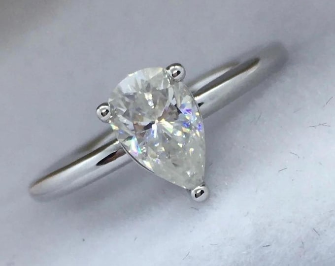Pear Moissanite Solitaire Ring • 1 Carat D VVS1 GRA Certified (18k White Gold Plated Silver)