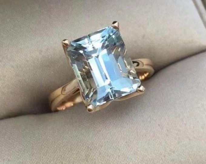 18k Gold Natural Aquamarine Cocktail Ring Solid Yellow Gold au750
