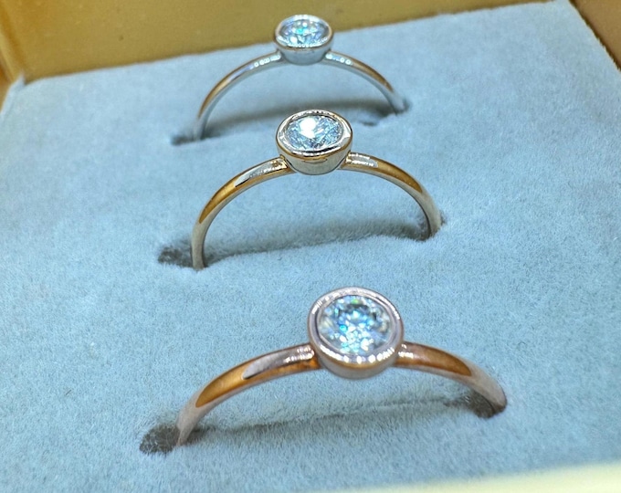 10k Gold Moissanite Ring: Minimalist Bezel Set Stacking Rings