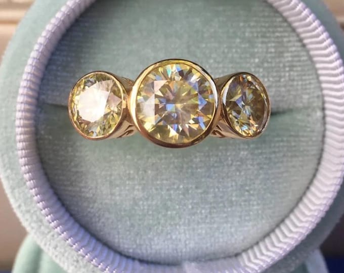 3 stone Vivid Yellow Moissanite Ring Bezel Set Handcrafted Rings