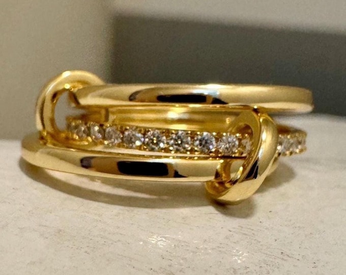 Moissanite Triple Band Ring: 18k Gold Plated Sterling Silver, 14k Solid Gold Stacked Rings