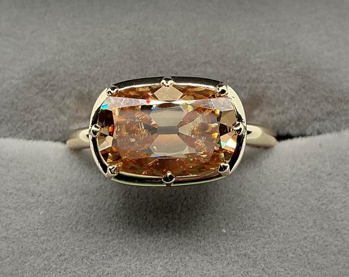 Champagne Moissanite Edwardian Ring East West set Elongated Oval OMC Solitaire Statement Ring