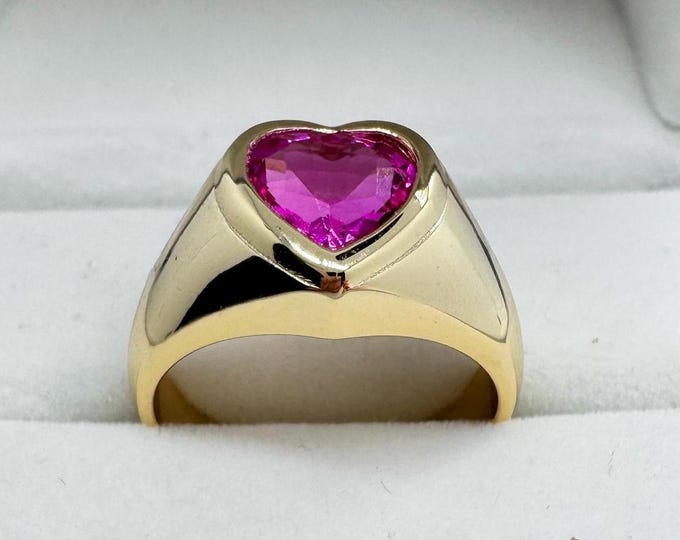 Heart Pink Sapphire Chunky Signet Ring • Sterling Silver and solid Gold