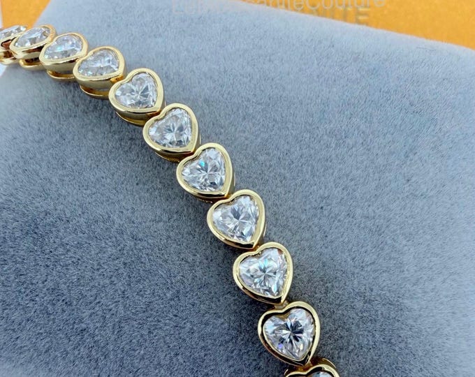 Heart Cut Moissanite Tennis Bracelet: Bezel Set, Sterling Silver and 14k Gold