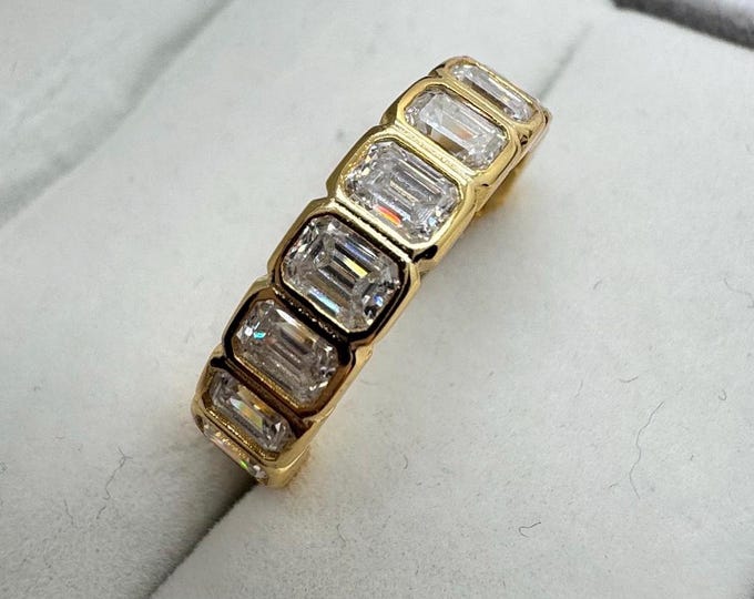 Moissanite Eternity Band Emerald Cut Bezel set Wedding Ring Certified D VVS1 925/18k