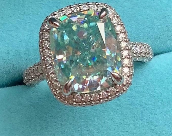Aqua Moissanite Halo Engagement Ring Certified D VVS1 Statement Ring