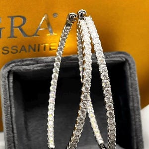 Moissanite Hoop Earrings Big Sterling Silver inside outside hoops 925/18k GRA Certified