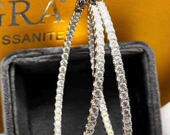 Moissanite Hoop Earrings Big Sterling Silver inside outside hoops 925/18k GRA Certified