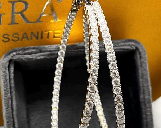 2.5mm Moissanite 60mm Hoop Earrings inside-outside, full eternity,  certified D VVS1 925/18k