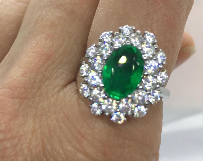 Oval Lab Emerald Halo Ring: Sterling Silver Moissanite, 925/18k