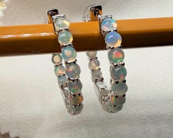 Opal Hoop Earrings Natural Gemstone Inside Outside Sterling Silver Hoops 20mm