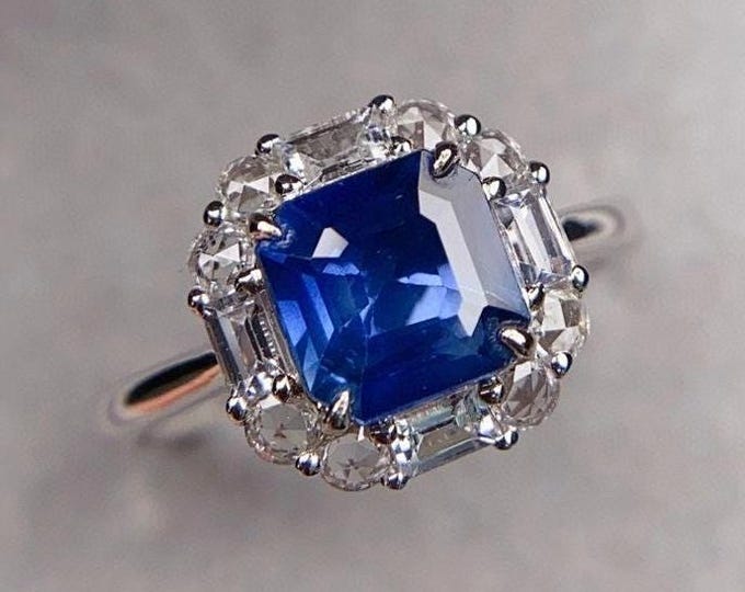 18k gold Natural Sapphire Ring Asscher cut and Diamond Halo Solid White Gold au750