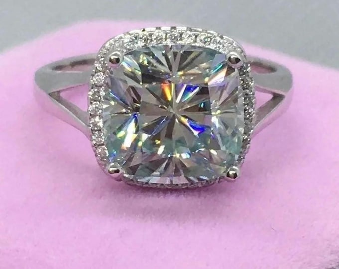 Cushion Cut Aqua Moissanite Engagement Ring: 18k Gold over Sterling Silver