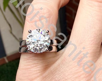 Platinum Moissanite Solitaire Wedding Ring Set, 3ct Low Profile Basket Bridal Set
