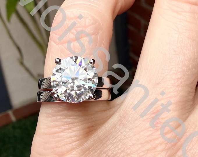 Platinum Moissanite Solitaire Wedding Ring Set, 3ct Low Profile Basket Bridal Set
