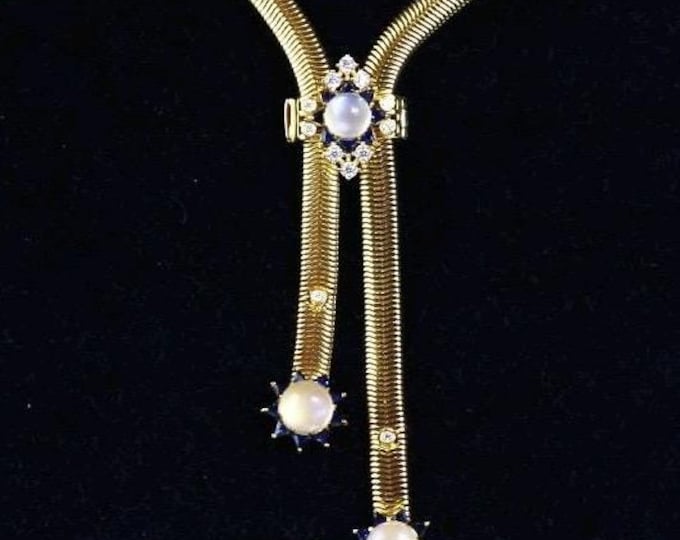 Natural Moonstone, Moissanite and Blue Sapphire Necklace Sautoir Tassle Chain Avant Guard Necklace