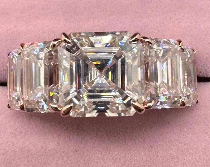 Asscher Heavy Gold 5-stone Moissanite Anniversary Ring: 10.5 CTW Cocktail Ring