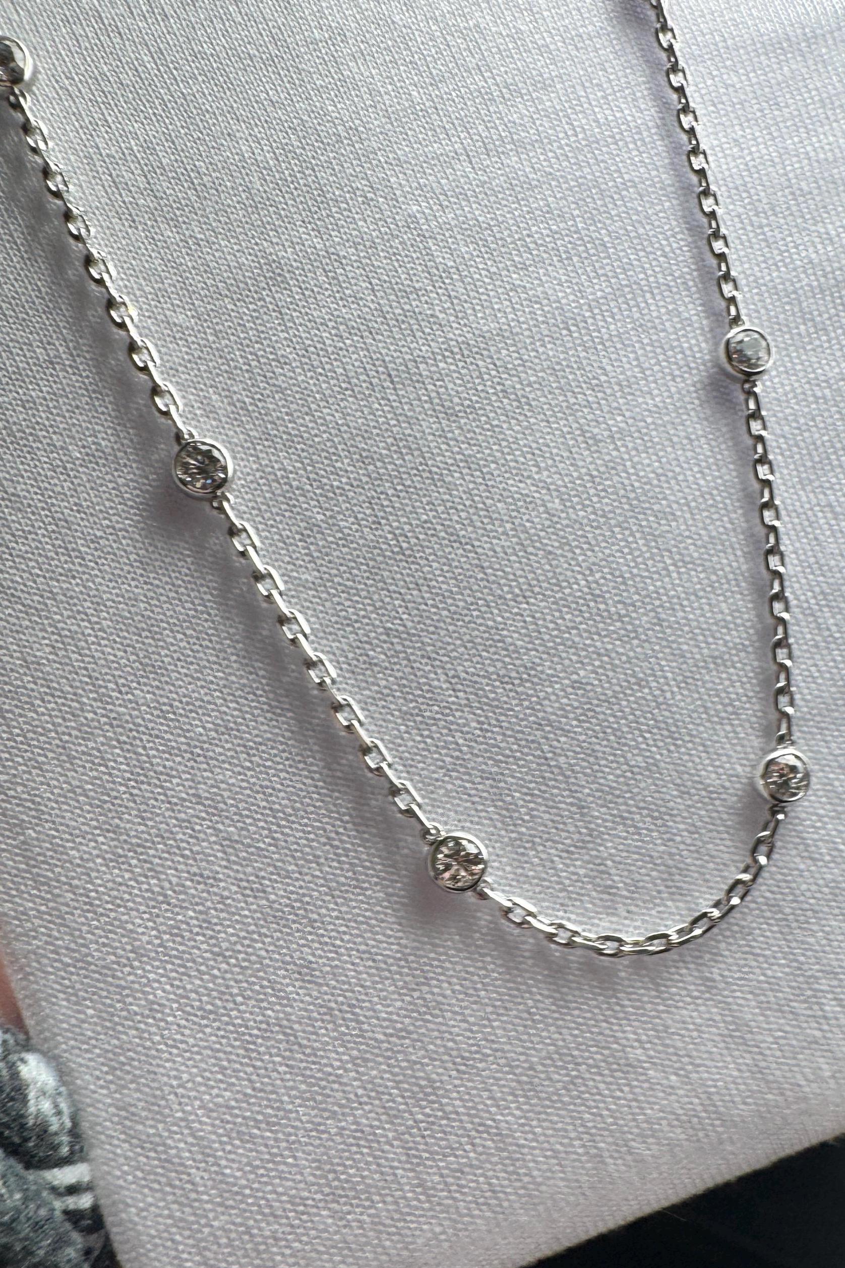PT950 Platinum Diamond Station Necklace: 3.0mm Rolo Chain 5.0mm 