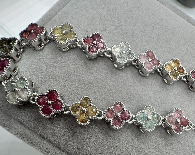 Natural Tourmaline Flower Bracelet: 925 Sterling Silver, Adjustable