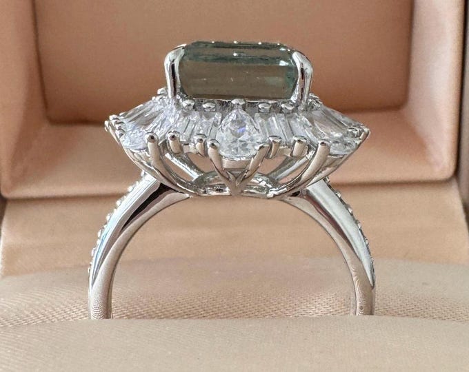 Asscher Cut Green Fluorite Halo Ring: Sterling Silver Statement Ring