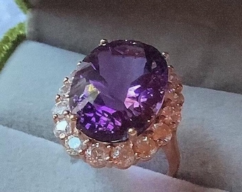 12 Carat Amethyst Ring: 18k Gold Plated Sterling Silver Halo