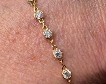 Bezel Moissanite Station Bracelet D VVS1 Certified Gemstone Chain Link (10k Gold)