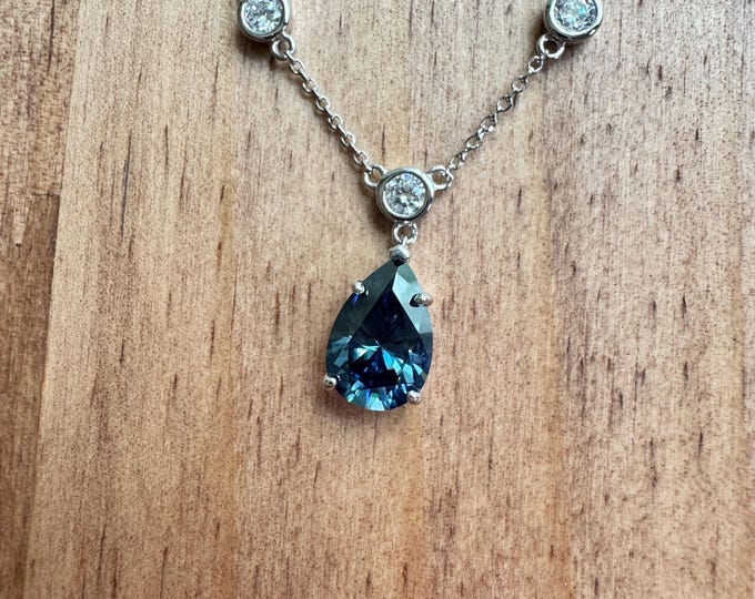 Blue Moissanite Station Necklace Certified Pear cut Blue VVS1 925/18k Pendant
