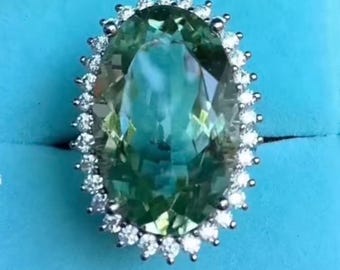 Natural Green Amethyst Halo Ring 925/18k Unique Engagement Rings