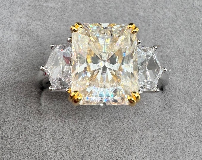 Radiant Cadillac Cut Moissanite 3 stone Engagement Ring 925/18k
