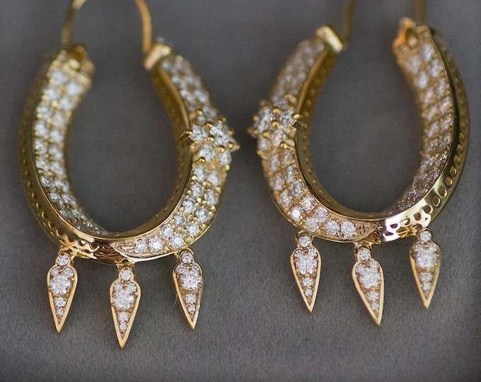 Art Deco Moissanite Hoop Earrings: 18k Gold Vermeil Dangle Earrings
