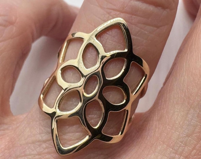 14k Solid Gold Lotus Ring: Open Work Real Gold Statement Jewelry
