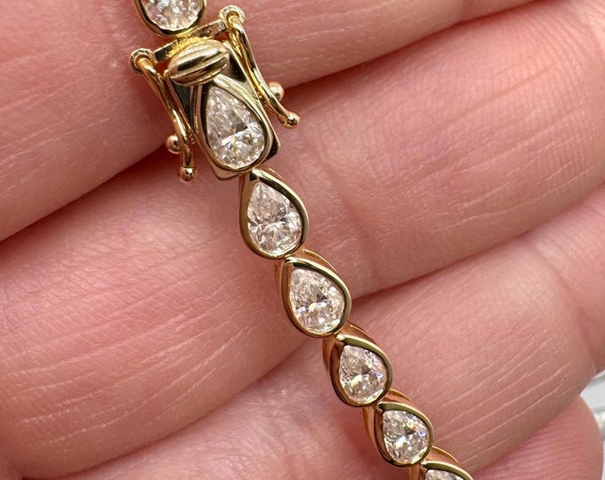 Pear Moissanite Tennis Bracelet: Solid Gold or Gold Plated Sterling Silver Bezel