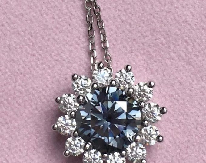 18k Gold Grey Moissanite Halo Pendant Necklace Solid White Gold au750 mother of the bride