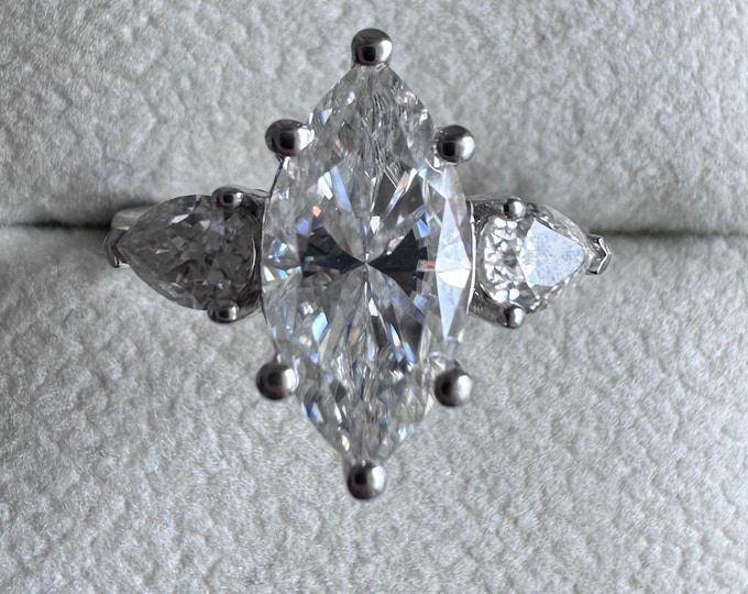 3 stone Marquis Modern Moissanite Engagement Anniversary Ring 925/18k