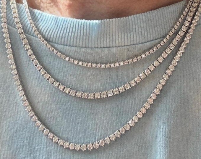 Moissanite Tennis Necklace: 3.0mm Certified D VVS1, 18K White Gold over 925 Silver