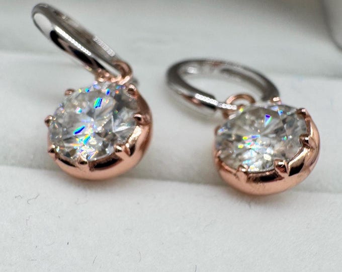 Moissanite Georgian Cut Down Earrings, Bezel set 2.0ct Rounds Drop Hoop 925/18k, 14k