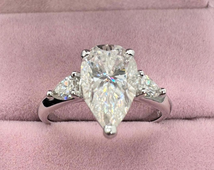 Pear Cut Moissanite Engagement Ring: 3-Stone Sterling Silver, 18k Plated