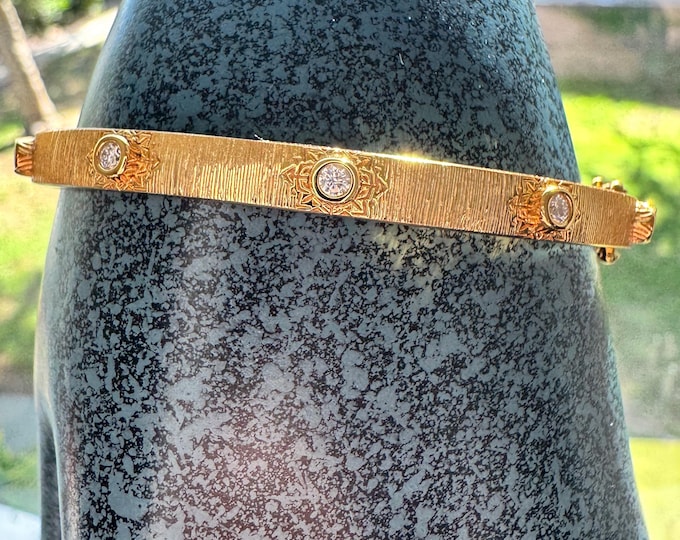 Brushed Yellow Gold Moissanite Bangle Bracelet: Sterling Silver 925 / 18k