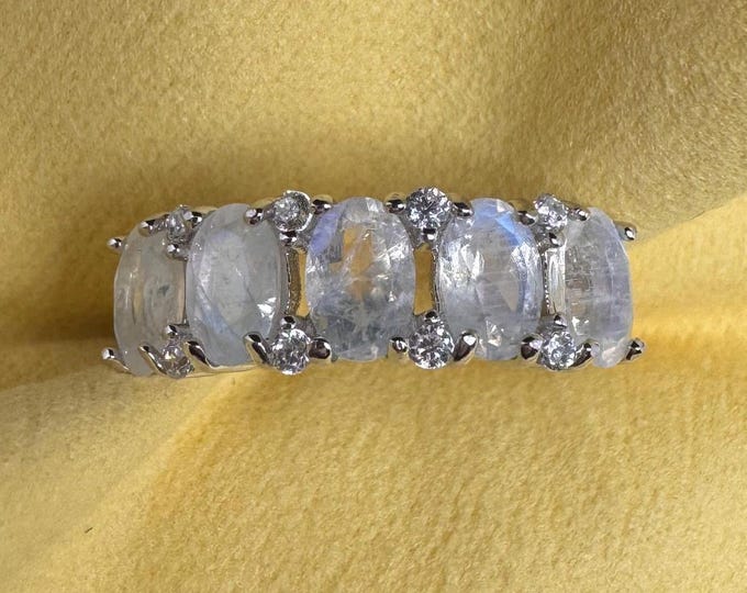 Moonstone and Moissanite Ring 5stone Ring Natural Gemstones 925/18k