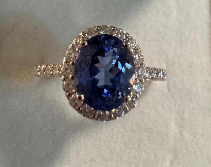 14K Oval Sapphire and Moissanite Halo Engagement Ring Solid Yellow Gold au585