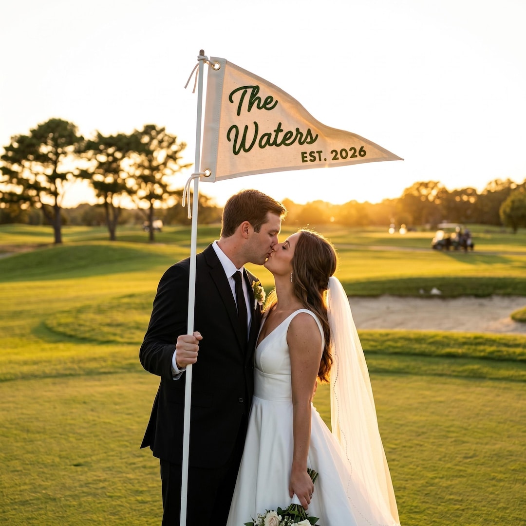Personalized Embroidered Last Name Flag, Golf Wedding Pennant, Vintage Style Wedding Sign Decor