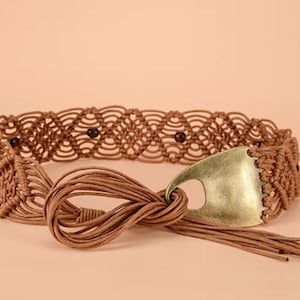 Vintage Brown macrame belt,Boho hippie womens belt with fringe,Macrame belts for women,